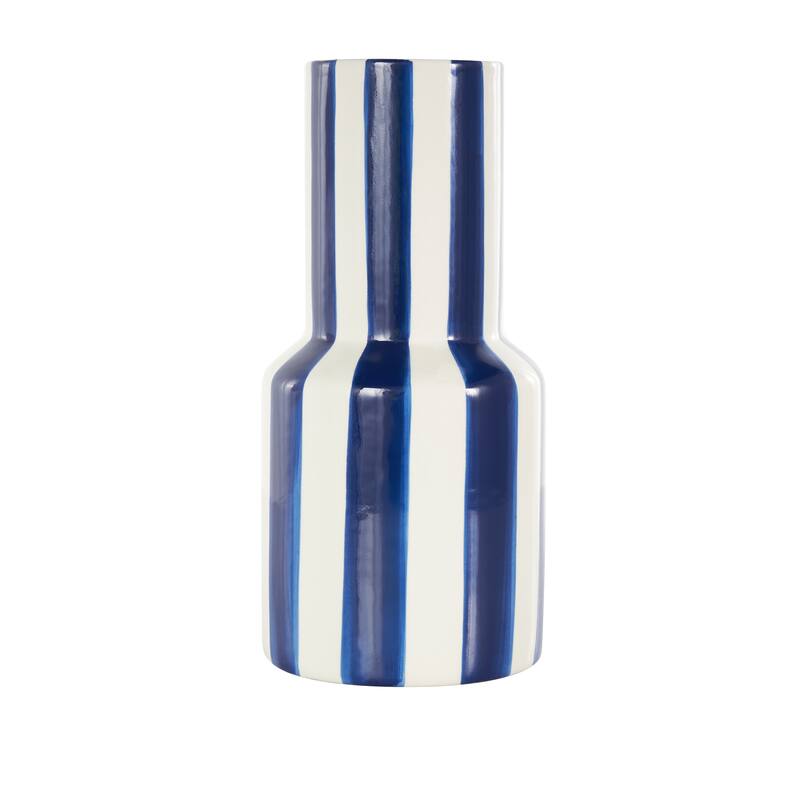 Ceramic Round Decorative Vase with Blue or Black Vertical Stripes - White - Roche River Decor