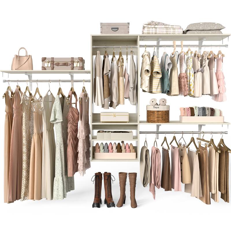 96'' W Wall-mounted Closet System with Storage Shelves and Hanging Rods,Adjustable Walk-in Closet Organizer System