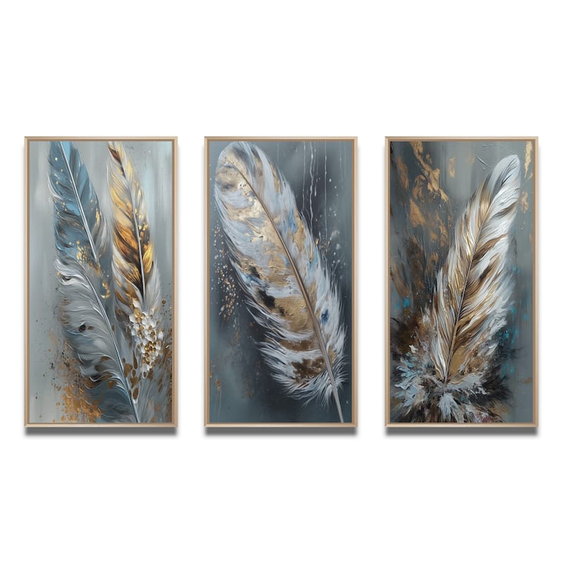 Designart "Gold Feather Wanderlust III" Glam Feather Framed Wall Art Set Of 3 Frame Gallery Set For Office Decor