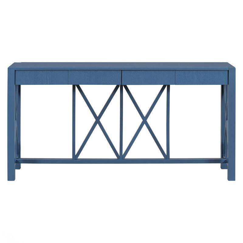60'' Console Table with 4 Spacious Drawers, Modern Crisscross Design Entryway Table - Blue