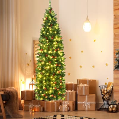 Pre Lit Christmas Tree Hinged Slim Tree with Pine Cones Red Berries