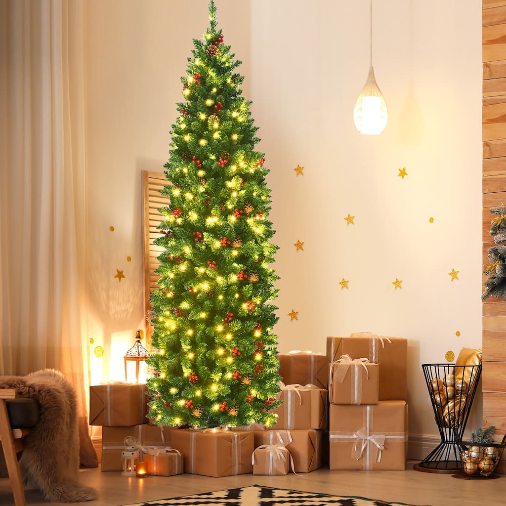 Pre Lit Christmas Tree Hinged Slim Tree with Pine Cones Red Berries