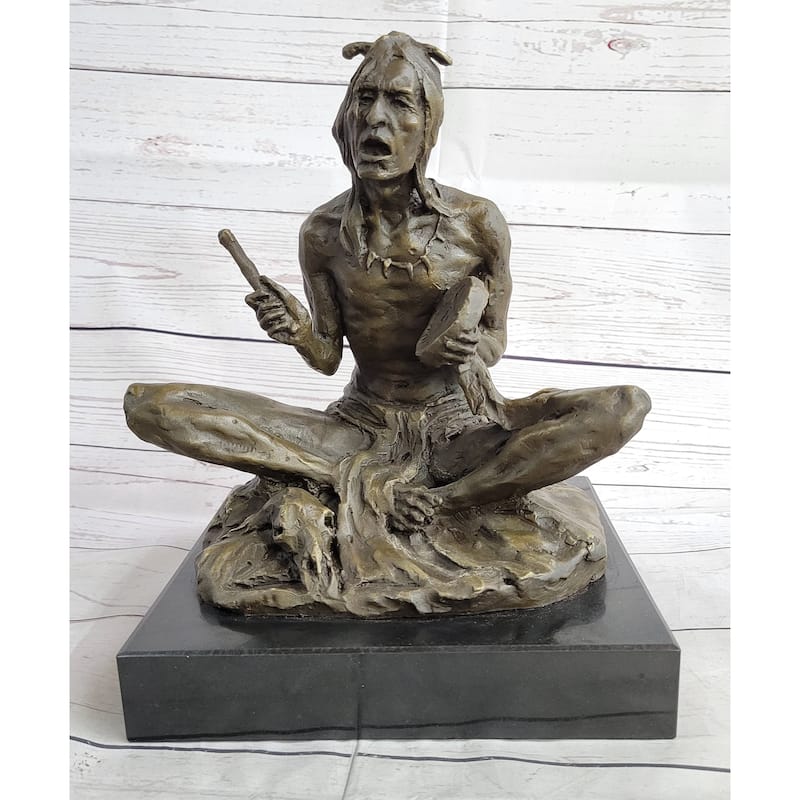 Native American Indian Shaman Medicine Man Playing Tom Tom - Bronze Sculpture Original Art