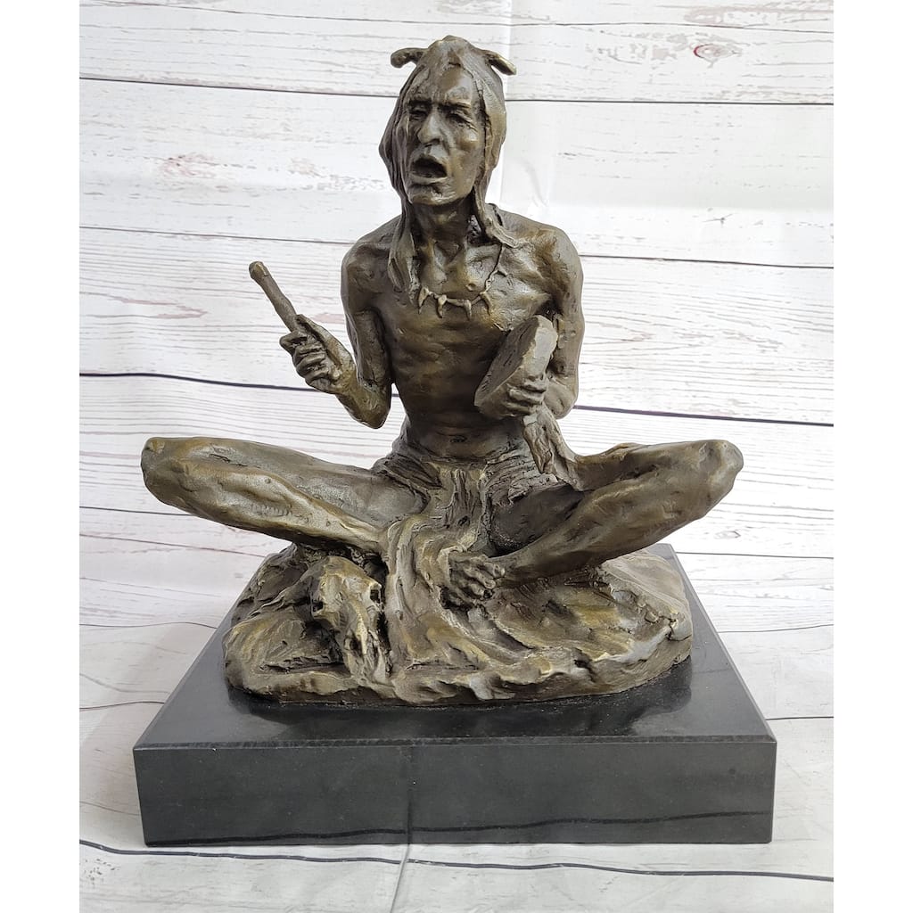 Native American Indian Shaman Medicine Man Playing Tom Tom - Bronze Sculpture Original Art