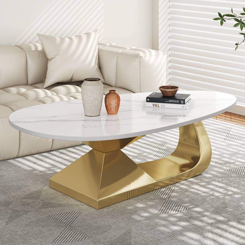 51 Inch Modern Sintered Stone Coffee Table with Stainless Steel Base - Gold