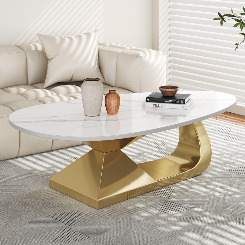 Modern Sintered Stone Tabletop Coffee Table with Stainless Steel Base - Elegant and Durable Living Room Centerpiece - Gold+White