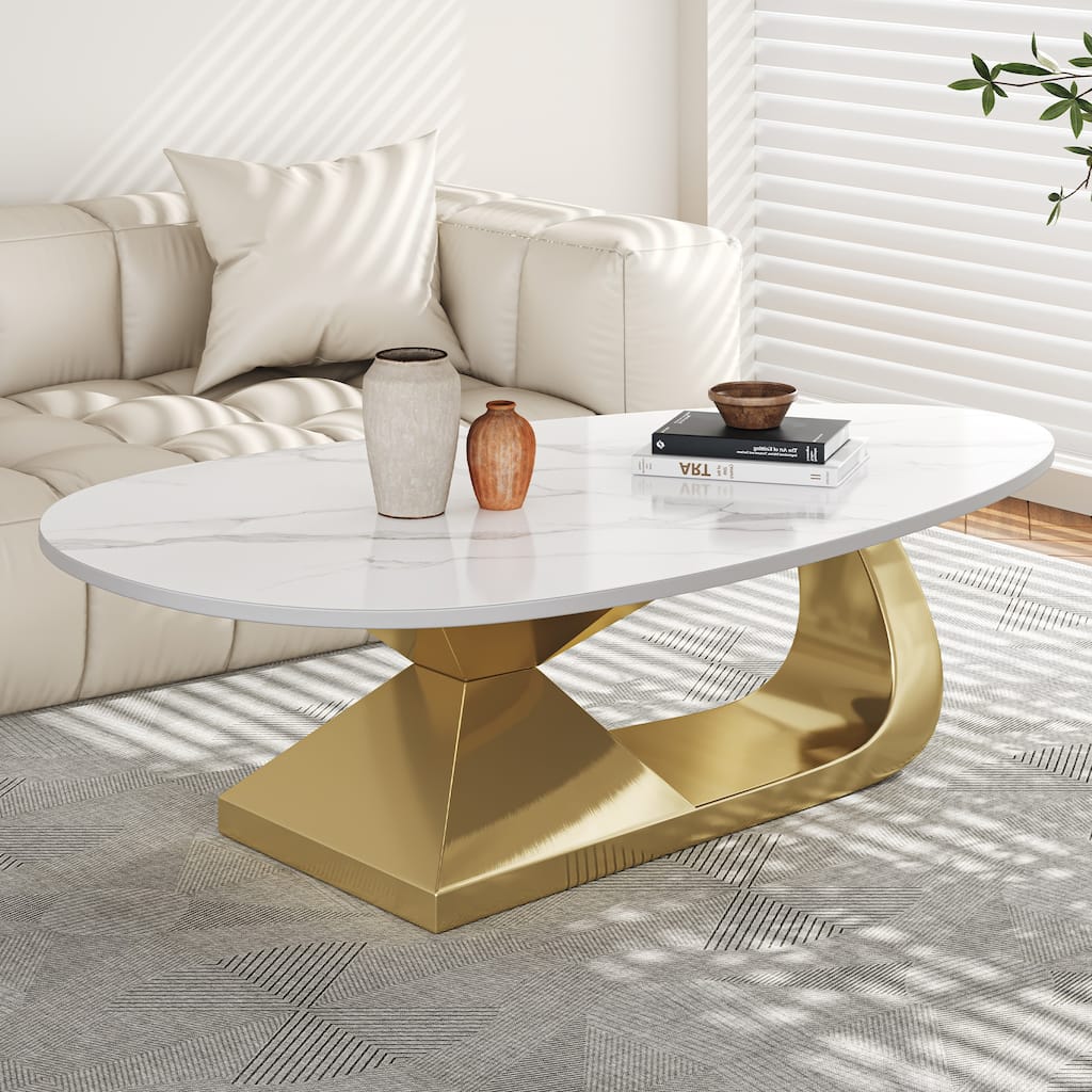 Modern Sintered Stone Tabletop Coffee Table with Stainless Steel Base - Elegant and Durable Living Room Centerpiece