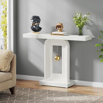 40" Faux Marble White Modern Console Table, Narrow Entryway Sofa Table with Geometric Gold Base for Hallway