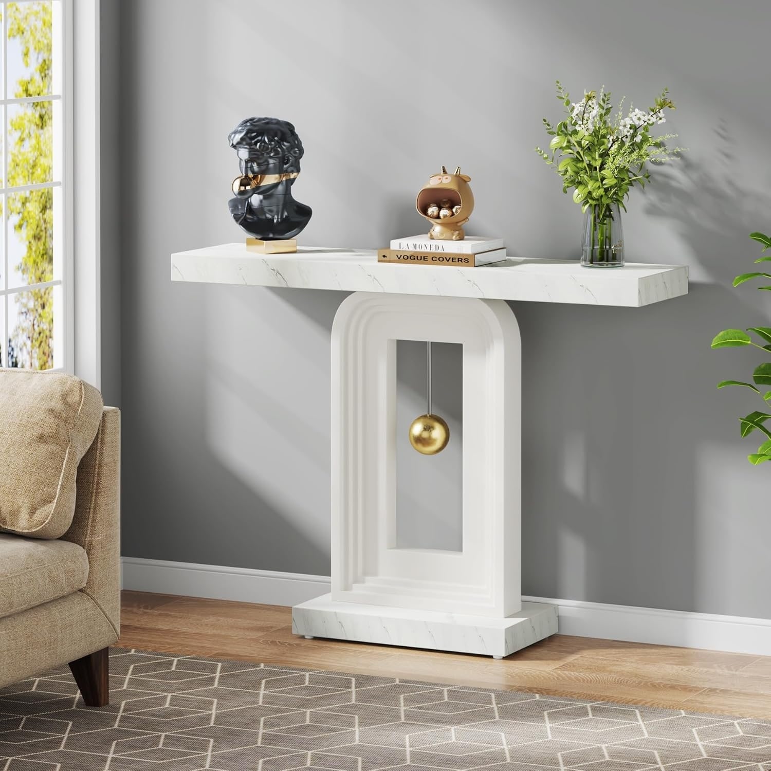 40" Faux Marble White Modern Console Table, Narrow Entryway Sofa Table with Geometric Gold Base for Hallway