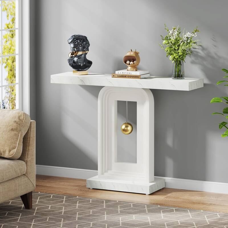Modern Console Table with Geometric Base, 40 inch Narrow Sofa Entryway Table with Gold Decor, Contemporary Wood Accent Table - White+Gold