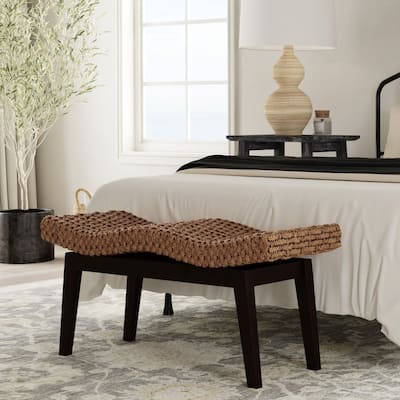 Handwoven Natural Wicker And Teak Wood Bench by East at Main