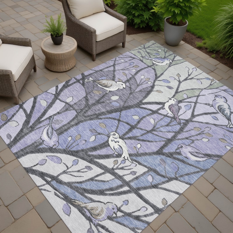 Machine Washable Indoor/ Outdoor Bird Mosaic Chantille Rug - Purple - 9' x 12'