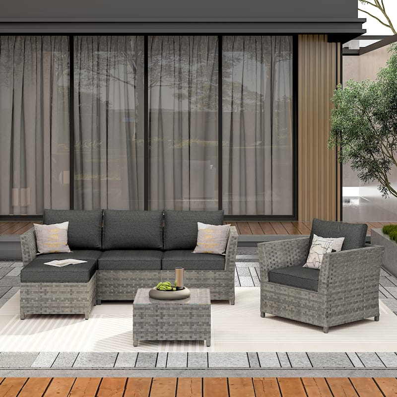 OVIOS 6-Piece Patio Grey Wicker Conversation Set - Black