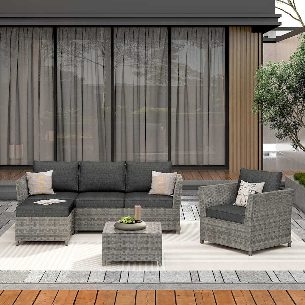 OVIOS 6-Piece Patio Grey Wicker Conversation Set