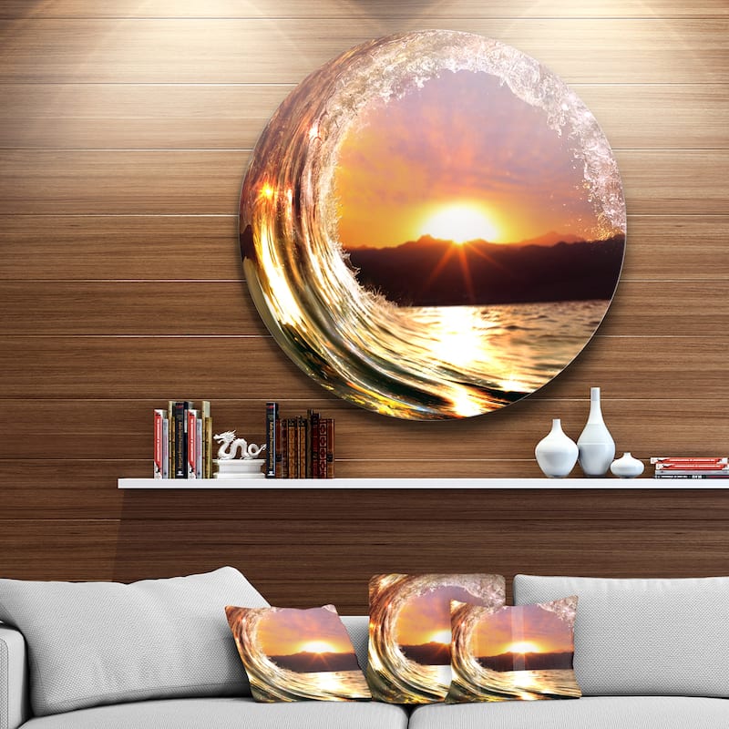 Designart 'Colored Ocean Waves Falling Down VIII' Modern Seashore Round Circle Metal Wall Decor Panel