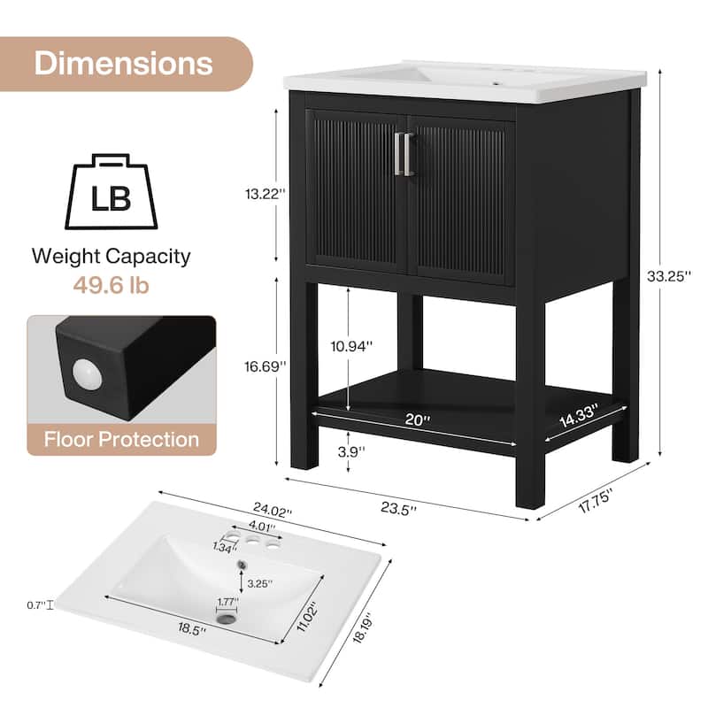 24" Single Bathroom Vanity with Ceramic Sink, Solid Rubberwood Frame & Open Storage Shelf