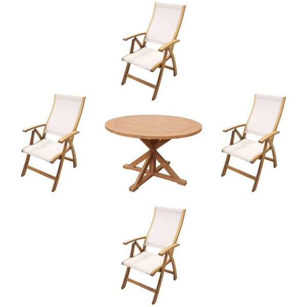 Courtyard Casual Heritage Teak Flag Leg 48" Dining Table with 4 Sling Recline Arm Chair 5 Piece Set