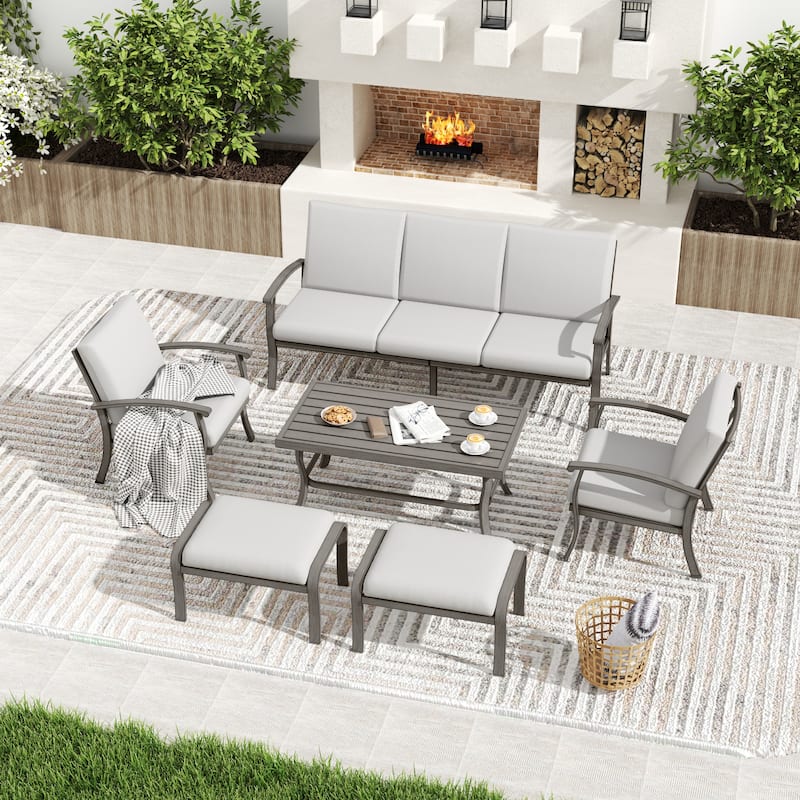6-Piece Aluminum Patio Conversation Set with Coffee Table,Sofa, Ottoman and Light Gray Cushions