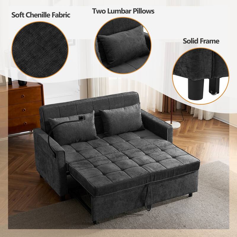 Pull-Out Sofa Bed Sleeper Sofa with A Reversible Backrest Cushion, Side Pockets, Two USB Ports and a Phone Holder
