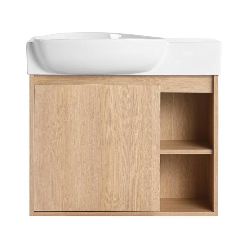 26'' Wall-Mounted Bathroom Vanity with White Ceramic Sink & Soft-Close Door, KD-Packing