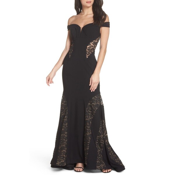 xscape off the shoulder lace gown
