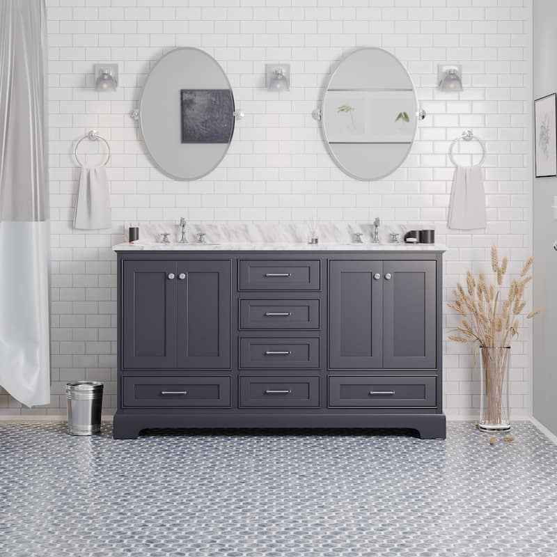 KitchenBathCollection Harper 60" Double Bathroom Vanity with Carrara Marble Top - Marine Gray