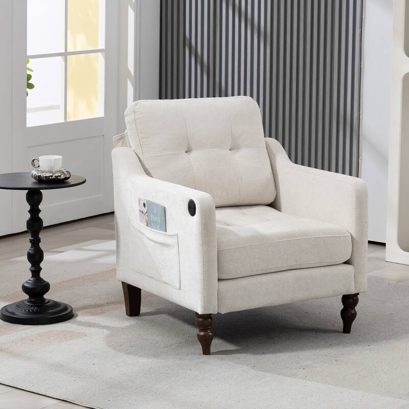 Chenille Accent Armchair, Upholstered Lounge Chair with USB Port, Single Sofa Chair with Wooden Legs & Side Storage