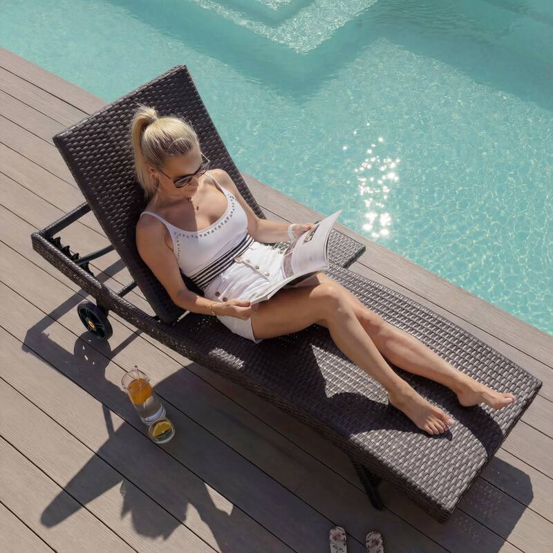 80"Patio Chaise Lounge Chairs Set of 2, Rattan Reclining Chair w/Rolling Wheels & Pull-out Side Table, Adjustable Backrest