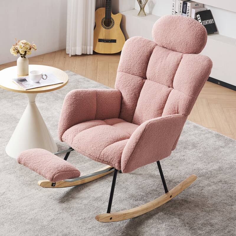 Comfortable Teddy Fabric Upholstered Rocking Chair with High Backrest and Pillows for Indoor Use - Pink-1