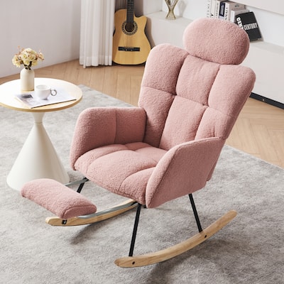 Comfortable Teddy Fabric Upholstered Rocking Chair with High Backrest and Pillows for Indoor Use