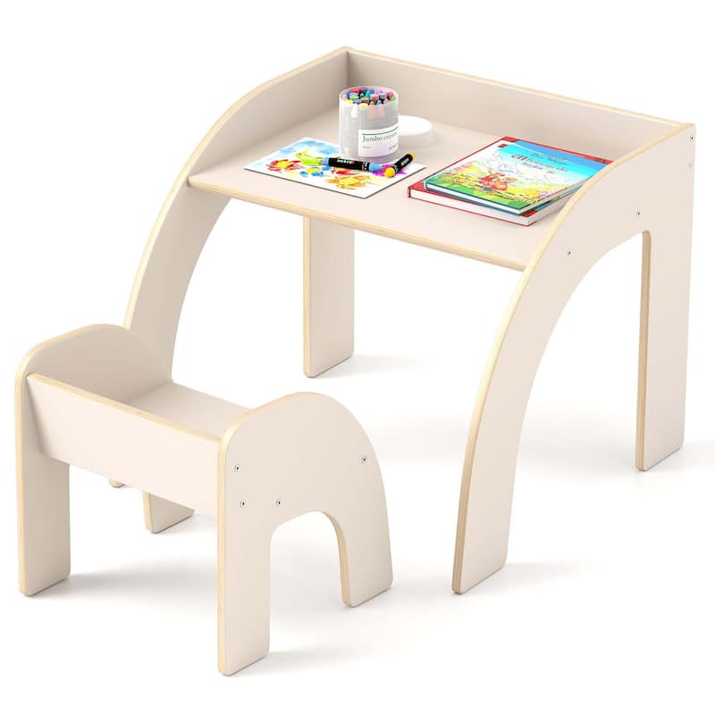 Kids Table＆Chairs Montessori Weaning Wooden Desk＆Chair - White