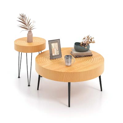 Costway Round Coffee Table Set of 2 End Table Natural Finish for - See Details