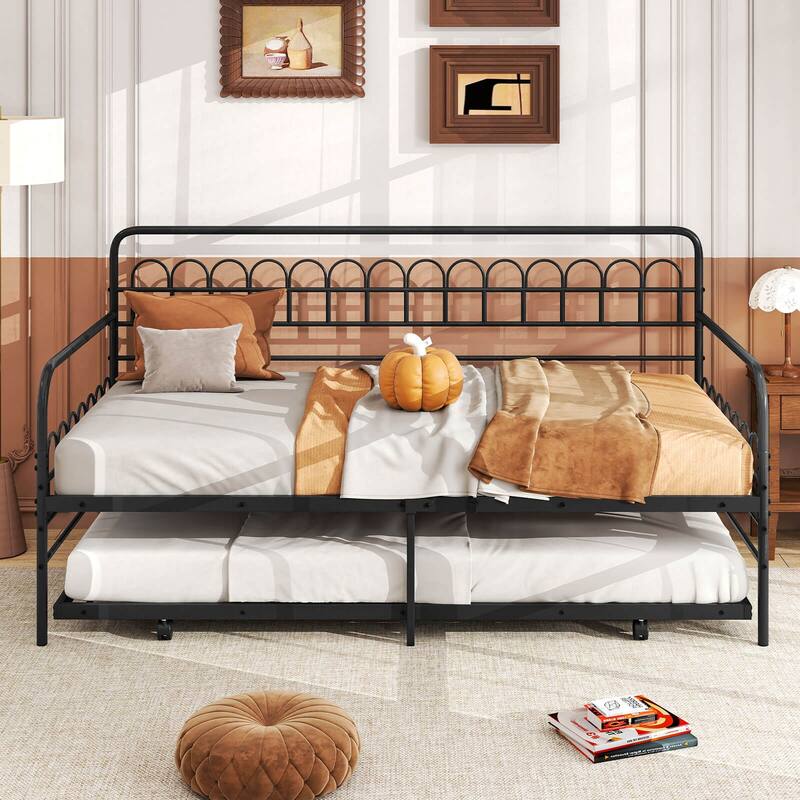 Costway Twin Daybed with Trundle Curved Backrest & Armrests Heavy-duty