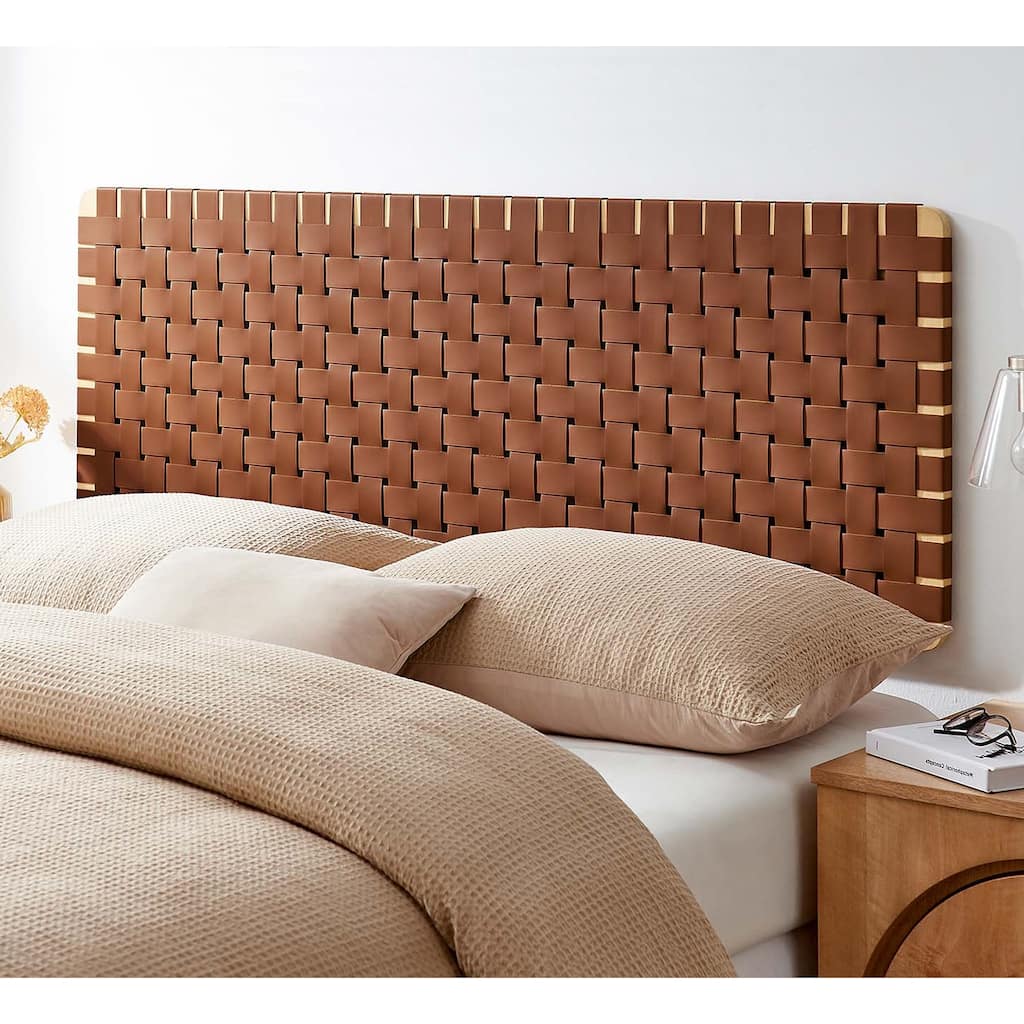 Ditmas Solid Wooden Brown Leather Basket Weaved Floating Queen Size Headboard
