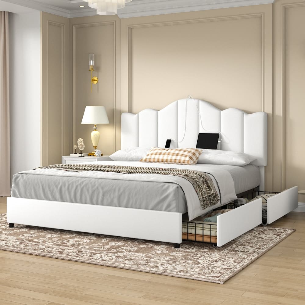 VECELO Upholstered Storage Bed Frames with Charging Stations and 4 Rolling Drawers on Both Sides Vertical Stripe Design