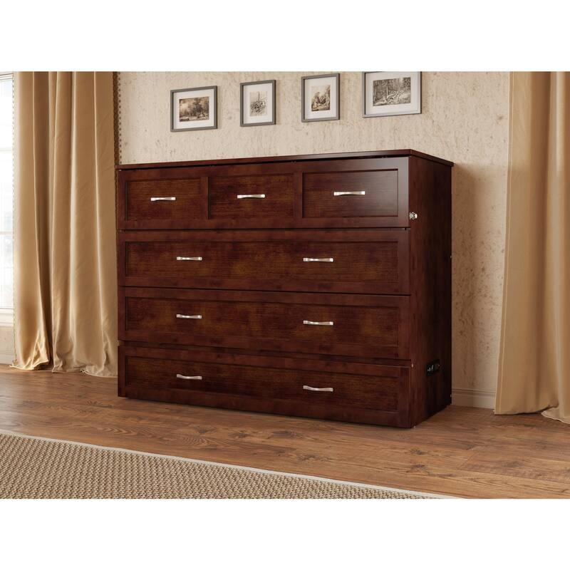 Murphy Bed Chest Full Walnut - Space Saving Bed with Charging Station & Mattress