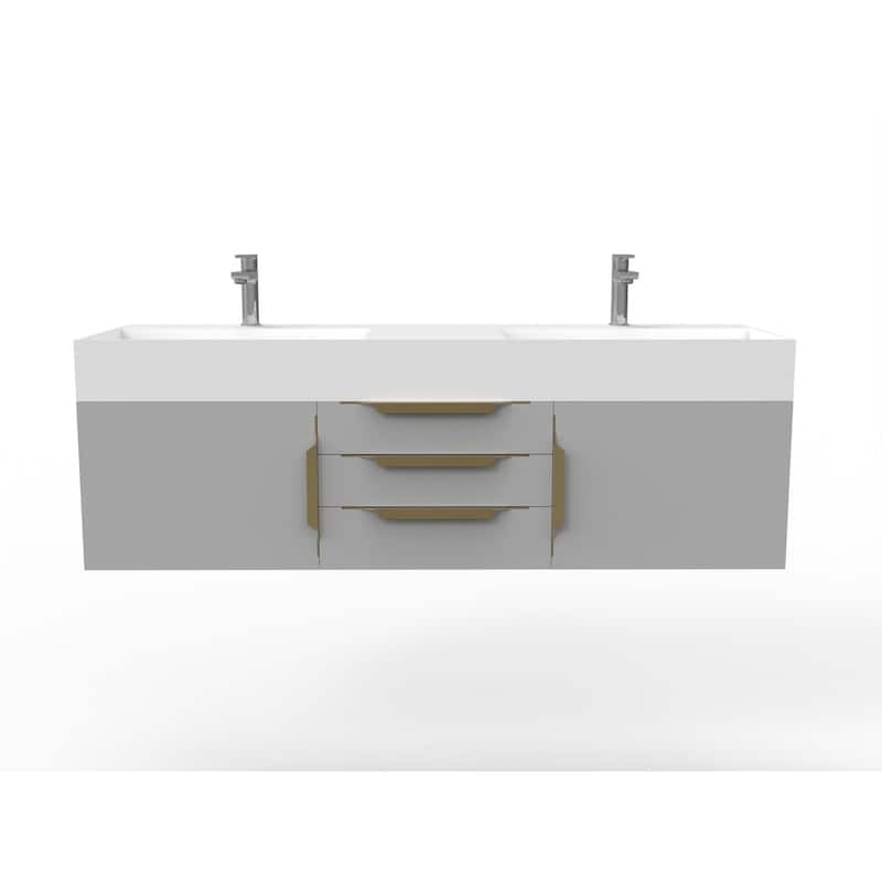 Amazon 60" Wall Mounted Bathroom Vanity Set w/ White Top - Grey - Gold Finish