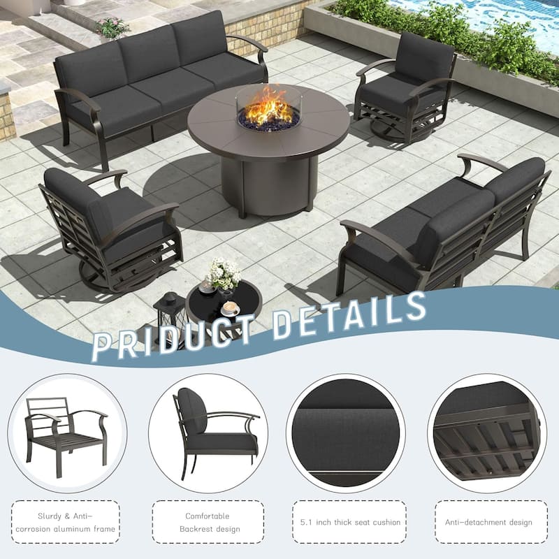 Patio Aluminum Sofa with Armrests, Outdoor Conversation Set with Round Fire Pit Table 5inch Thick Seat Cushions