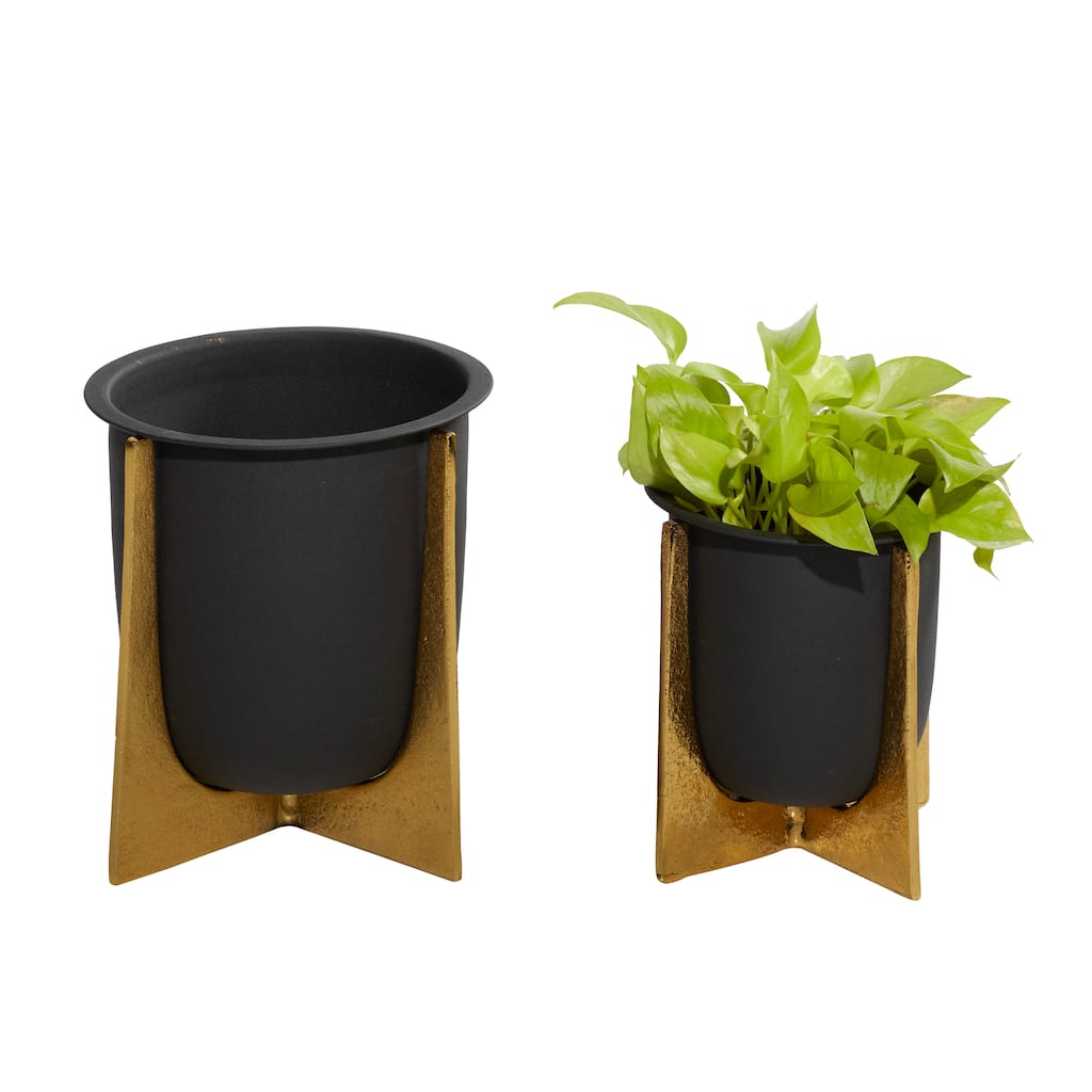 Metal Planter with Removable Gold Stand - Set of 2 Black - Roche River Decor - 9"W x 9"L x 9"H