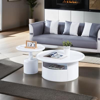 2 Pieces White MDF Round Coffee Table Set for Living Room, Bedroom