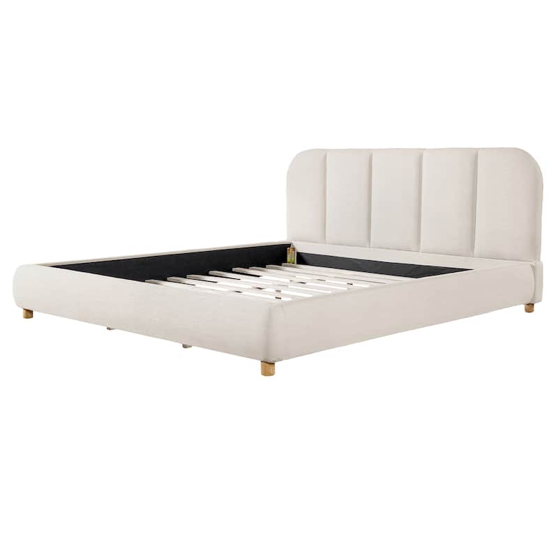 Christopher Knight Home - Modern Upholstered Linen Fabric Bed Frame with Wooden Leg - with Curved Headboard Design
