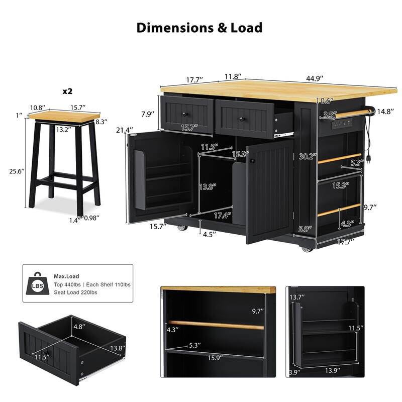 48" Kitchen Island w/2 Bar Stools,Kitchen Storage Cart on 5 Wheels - Black