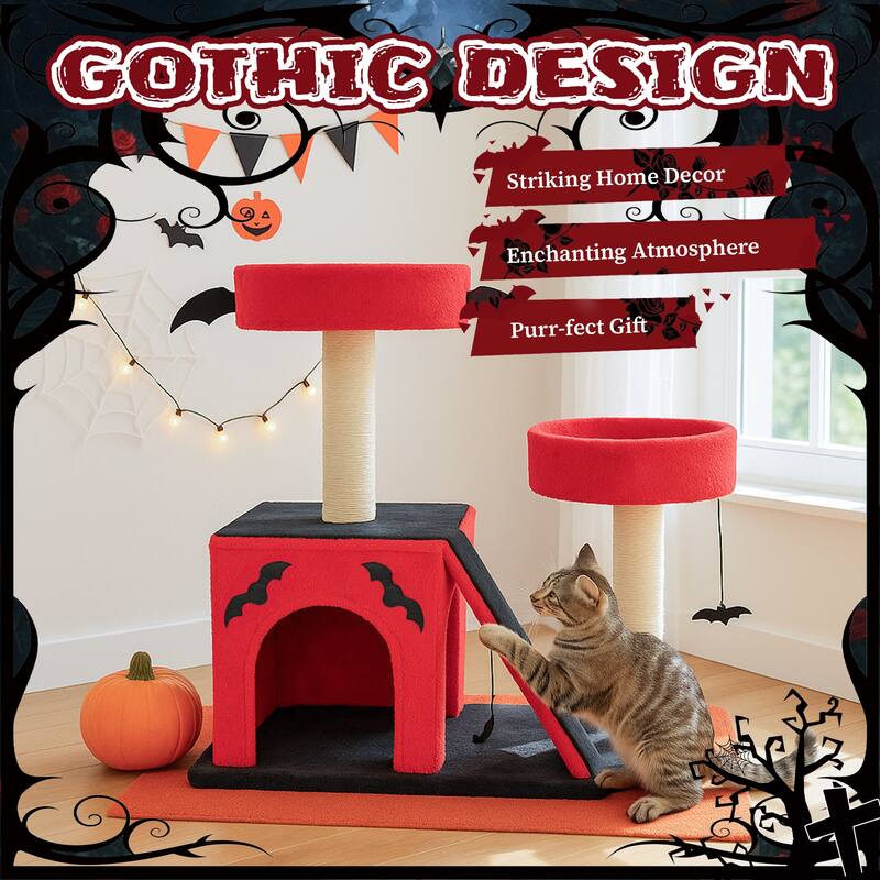 26" Gothic Cat Tree with Condo, Perches, Scratching Posts & Toy