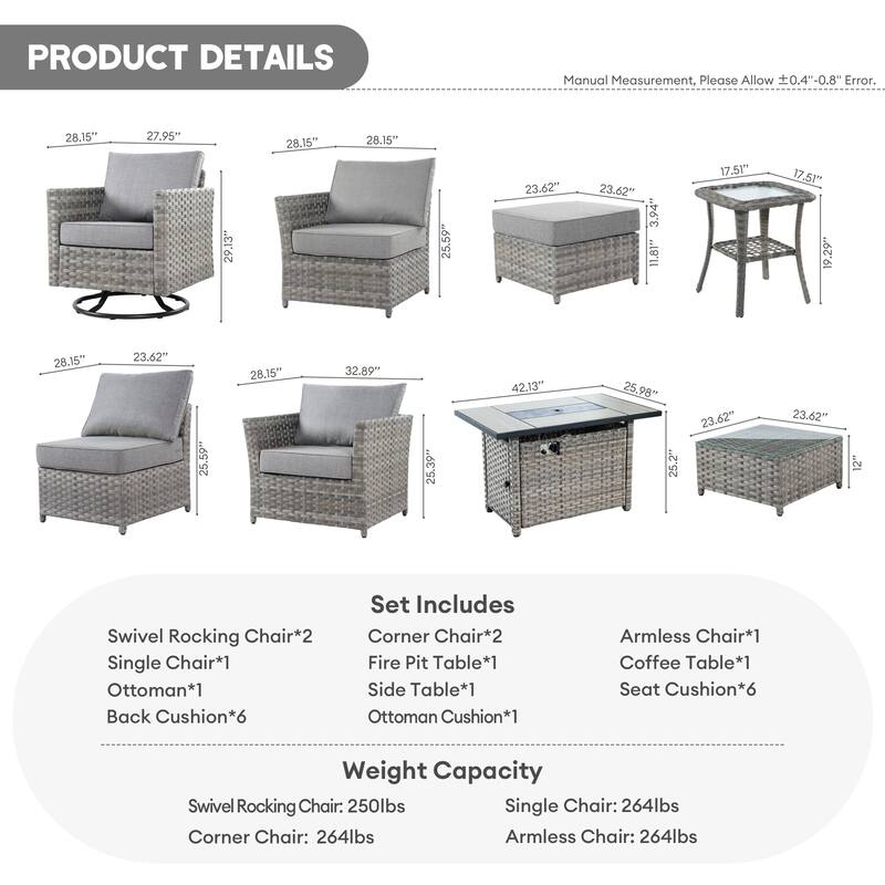 XIZZI 10-piece Outdoor Furniture Set Swivel Rocking Chair with Fire Pit
