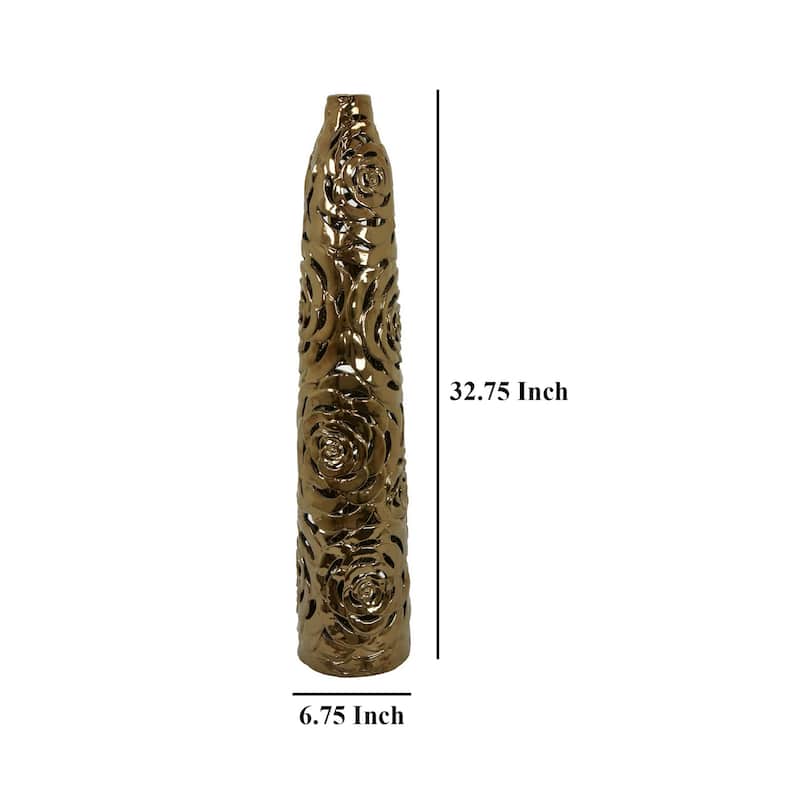Reky Tall Vase, Rose Cut Floral Patterns, Slim Profile Bronze Ceramic
