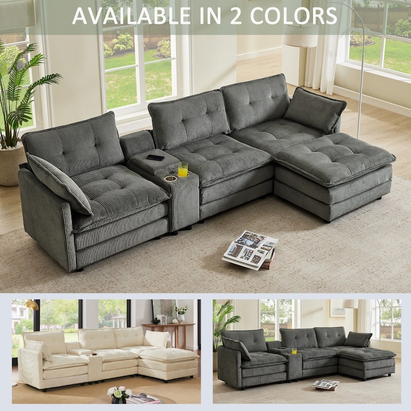 119.2" L-Shaped Corduroy Sectional Sofa with Console and Ottoman