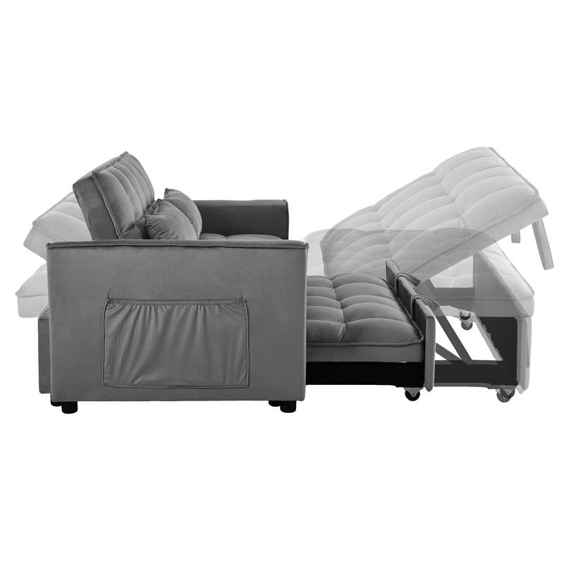 3 in 1 Convertible Sleeper Sofa Bed, Small Loveseat Lounge Sofa, Velvet Fabric Sofa with Side Pocket, Reclining Back & Pillows