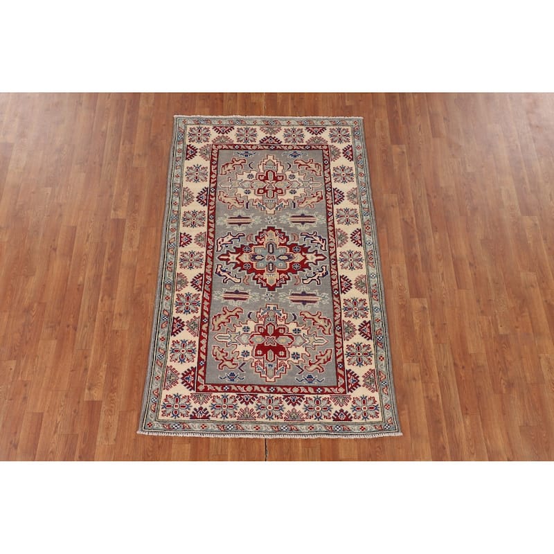 Traditional Kazak Oriental Rug Handmade Gray Geometric Wool Carpet - 3'10" x 6'3"