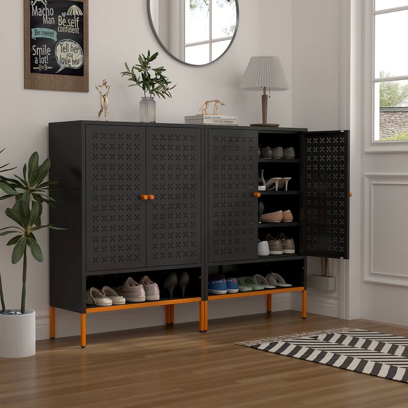 Grid Double Door Shoe Cabinet, Three Adjustable Compartments , Suspended Hollow Shoe Changing Compartment - Black
