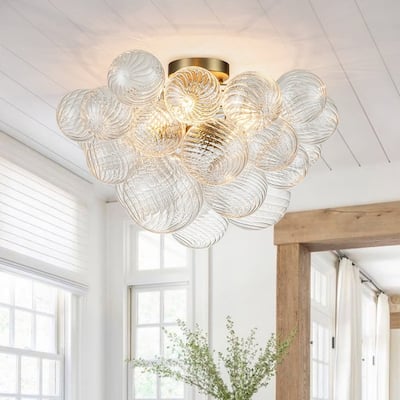 Modern Ribbed Glass Globe Cluster Bubble Semi Flush - Brass, Nickel